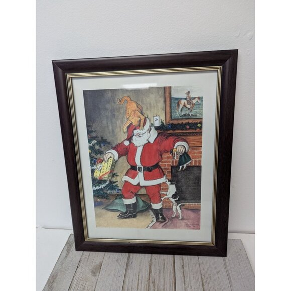 Jane McClure Jane's Prints Santa Claus Attacked by Cat Dog Framed Print - Picture 1 of 3